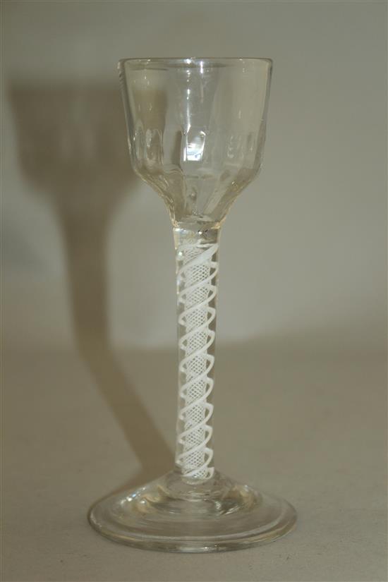 A double series opaque twist stem cordial glass, c.1760, 15cm